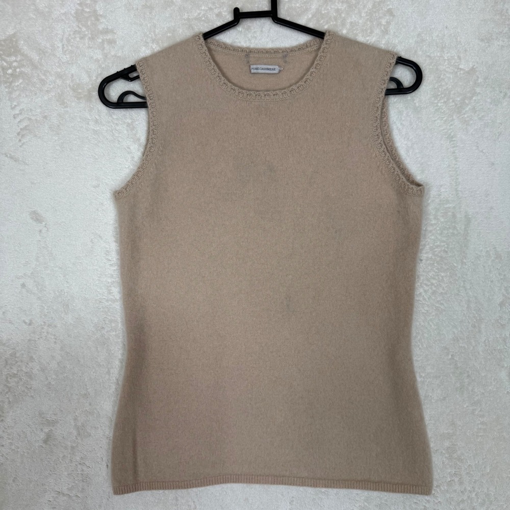 Pure 100% Cashmere Tan Beige Sleeveless Knit Shell Crew Neck Sweater Vest Top